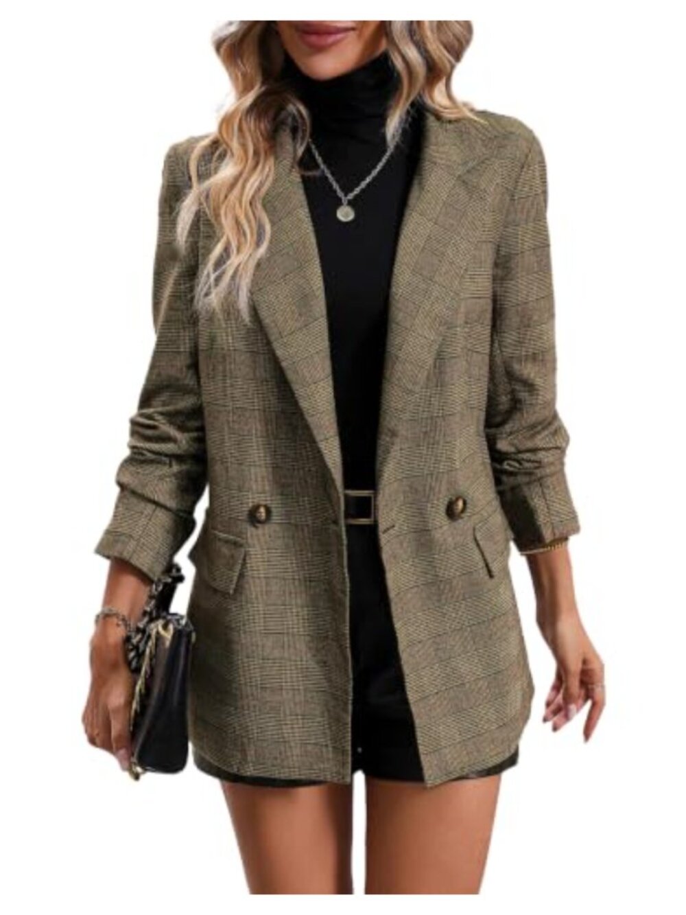 Women's Plaid Tweed Blazer Houndstooth Double Breasted Business Casual